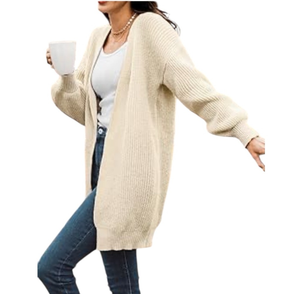 Boutique Cozy Creamy Beige Open Front Wide Sleeve Boho Cardigan Sweater SZ MED